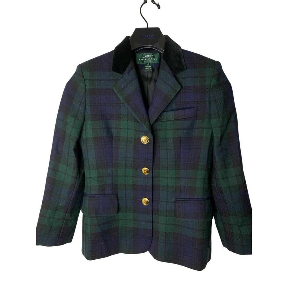 Vintage Lauren Ralph Lauren tartan plaid blazer jacket wool cotton blue green 2P